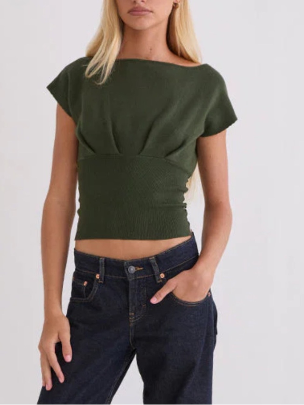 Motels Rocks Elin Top In Knit Khaki With Pearl Buttons